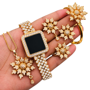 Luxury Gold Floral Crystal Jewelry & Watch Set