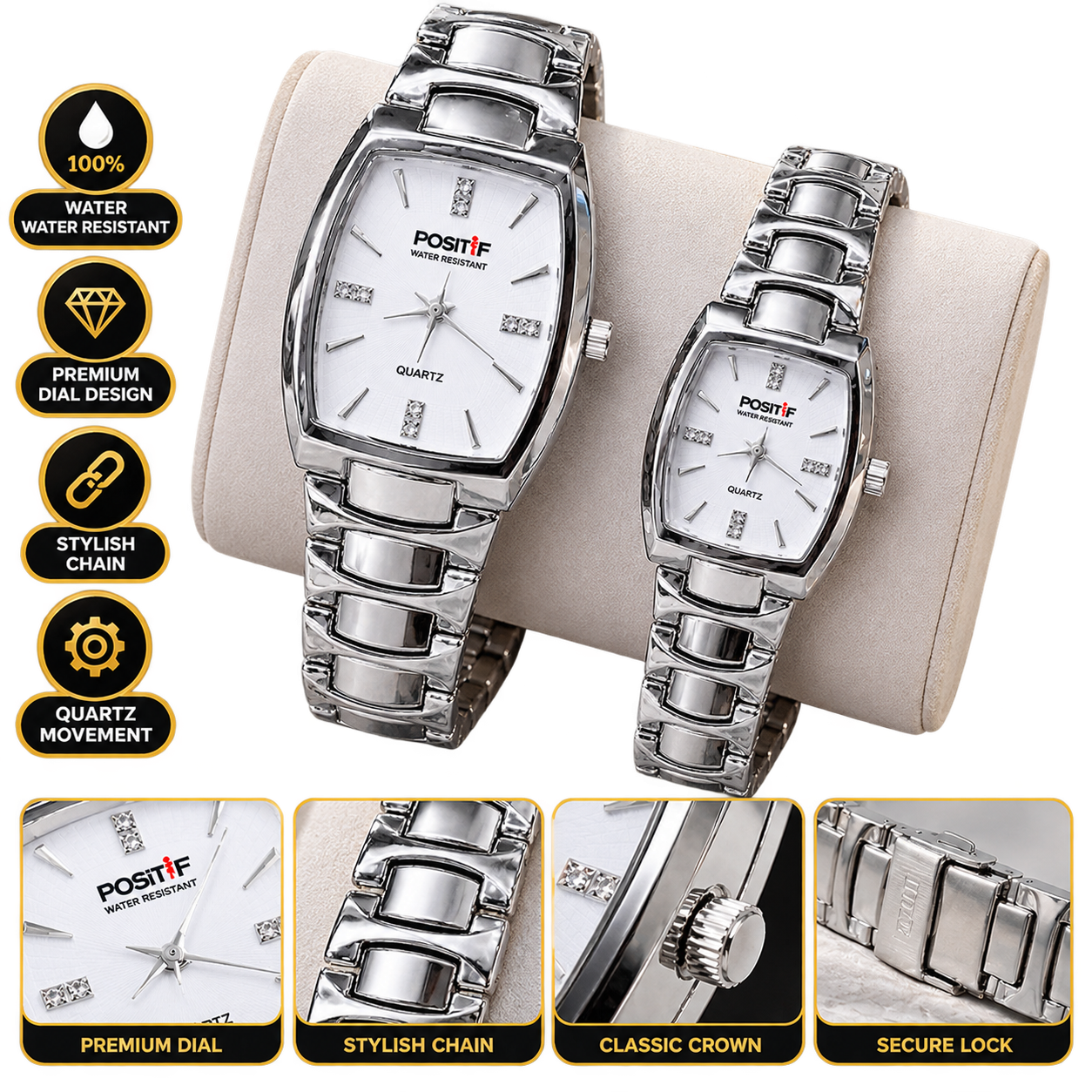 POSITIF Silver Couple Watches Set – Water-Resistant Quartz Watches