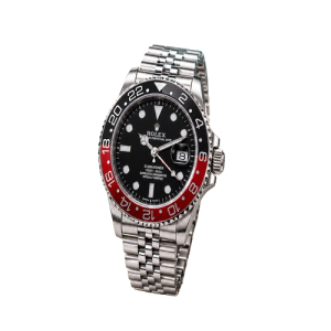 Rolex Black Dial Silver Watch with Red and Black Bezel